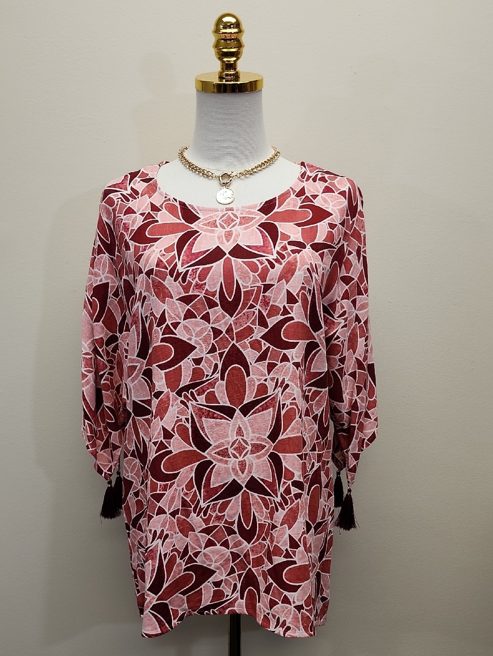 JM Collection Pink Floral Tassel Sleeve Tunic Top Women Size Medium NWT